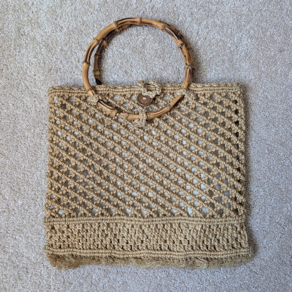 Vintage 70s Tan Macrame Woven Crochet Bamboo Handle Purse Bag